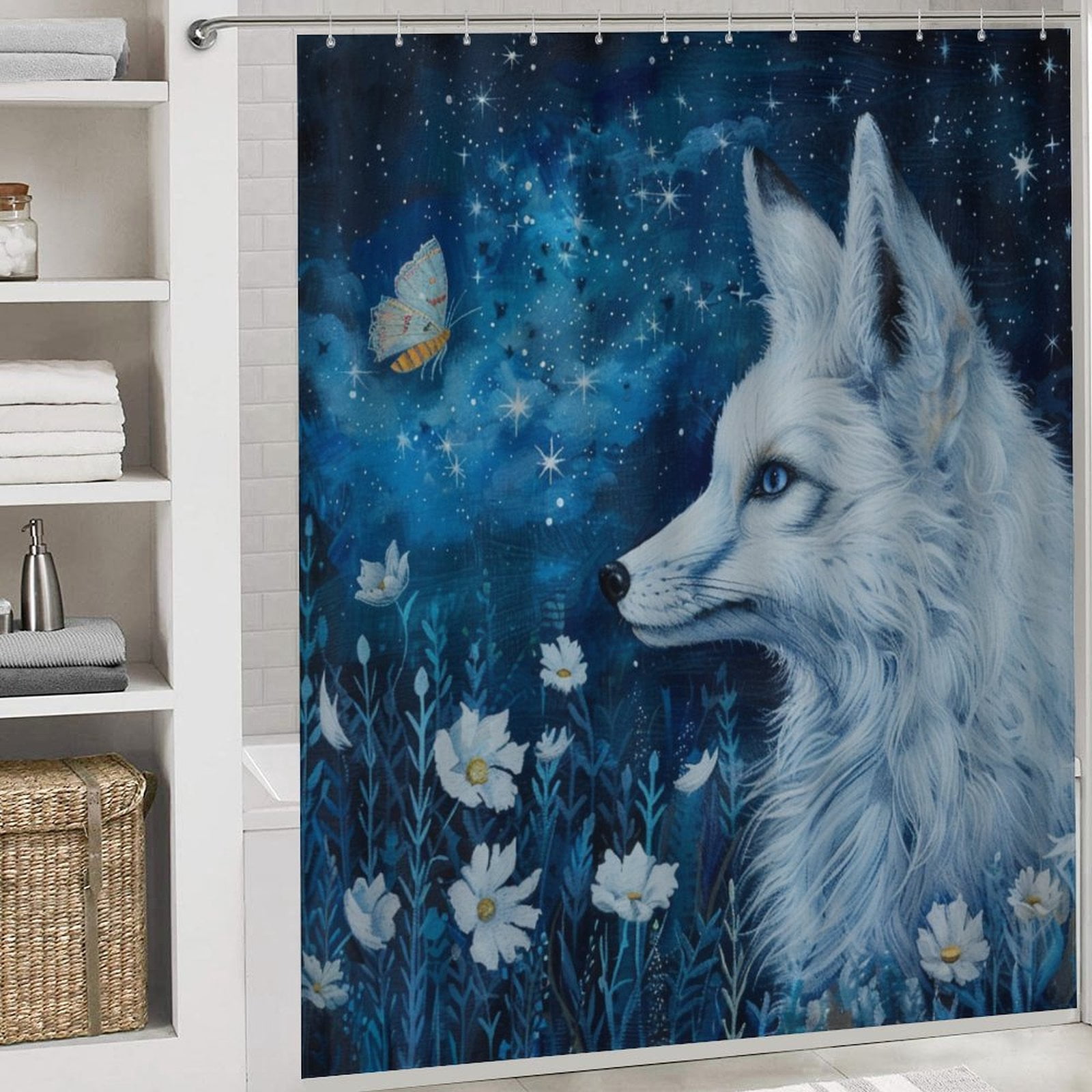 Nine Tailed Fox Chasing Butterfly 4 Pcs Shower Curtain Set with Rug Bathroom Sets with Waterproof Fabric And Non-Slip Rugs Toilet Lid Cover Bath Mat Decor with Hooks