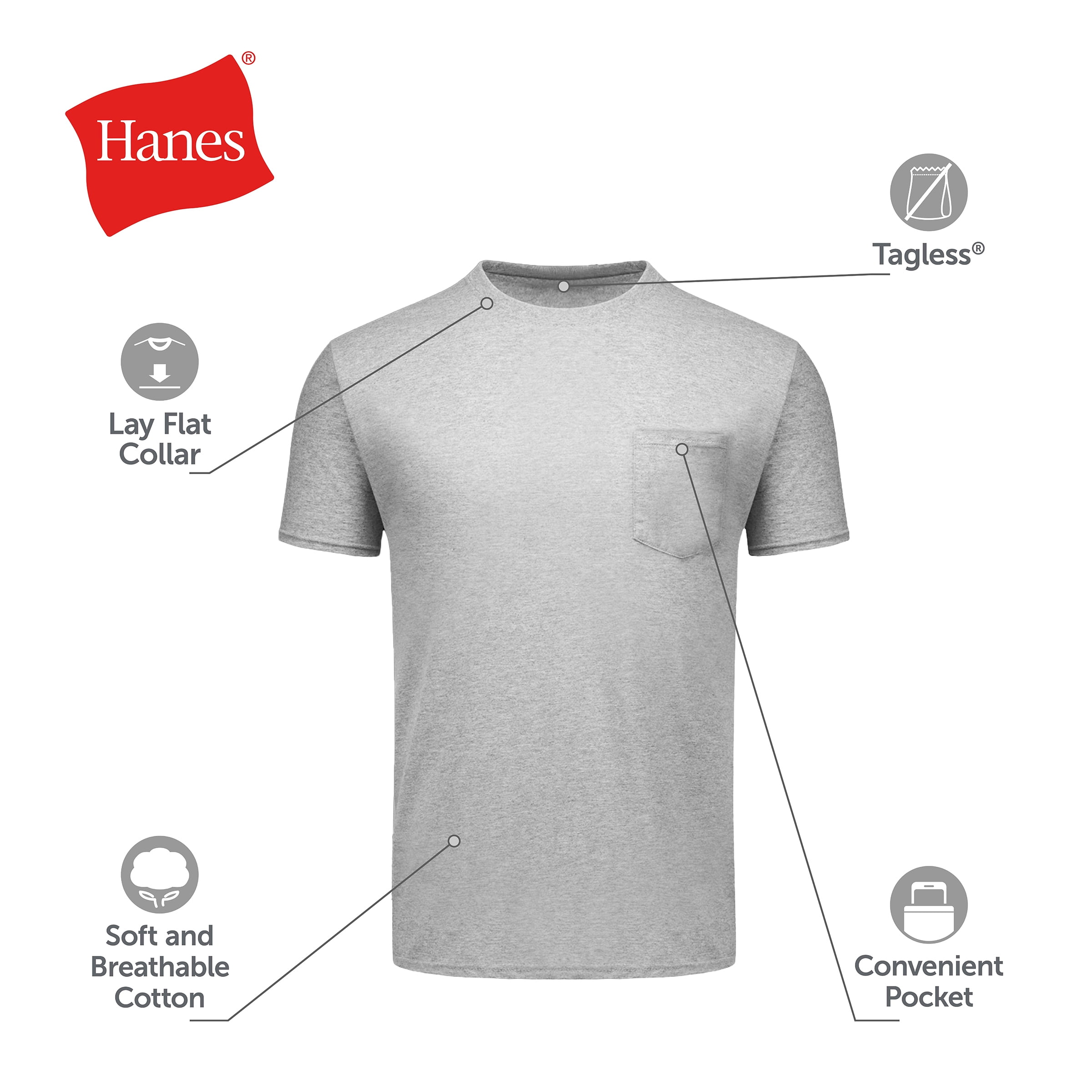 Hanes Men's Cotton Pocket T-Shirt Pack with Odor Control, Moisture-Wicking, Black/Grey, 6-Pack