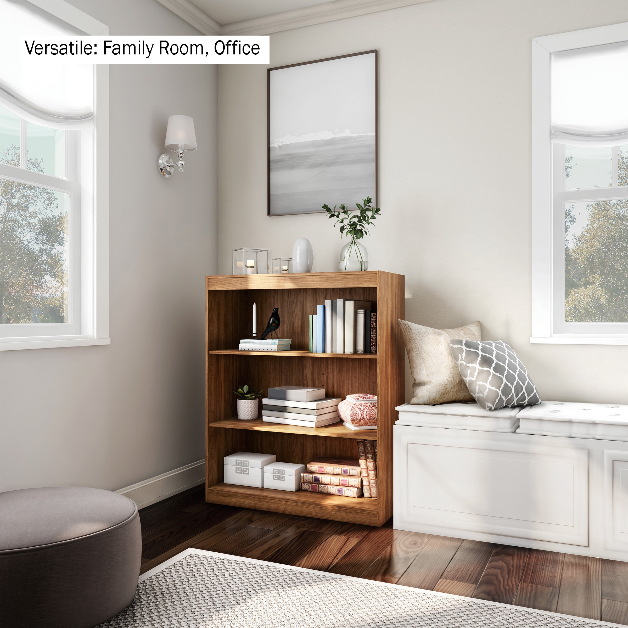 Somerset Home 3 Shelf Bookcase Open Front Bookshelf with Adjustable Shelves, Brown