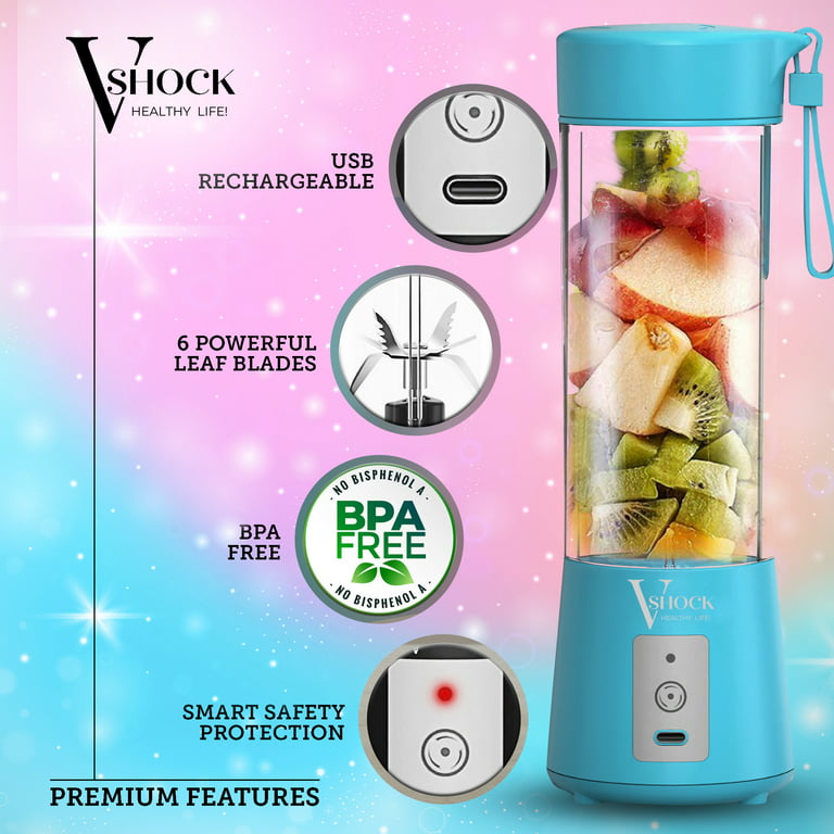 V-Shock Mini Cordless Portable Personal Blender for Shakes and Smoothies,  USB Rechargeable, 16 oz. Jar with Leakproof Travel Lid, 6 Stainless Steel  Blades - Blue 