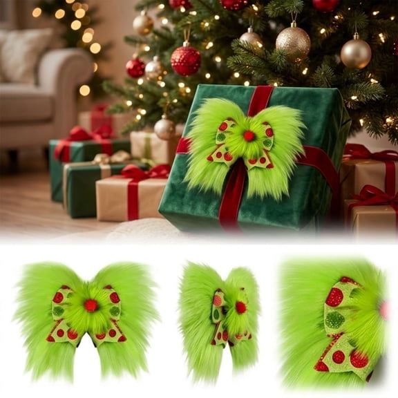 Festive Green Monster Fluffy Faux Fur Christmas Bow with Glitter Polka Dots Ribbon and Red Pom Pom for Xmas Tree Gift Box Wreath Decor