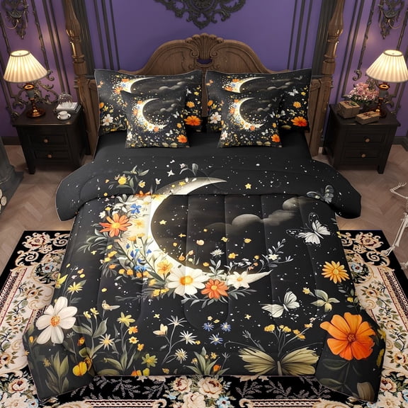 Homewish Chic Flowers 7-Piece Twin Bedding Sets For Teens Boys Girls,Floral Butterflies Bedding Comforter Set,Starry Sky Moon Breathable Sheet Sets,Luxury Bedroom Decor,Reversible