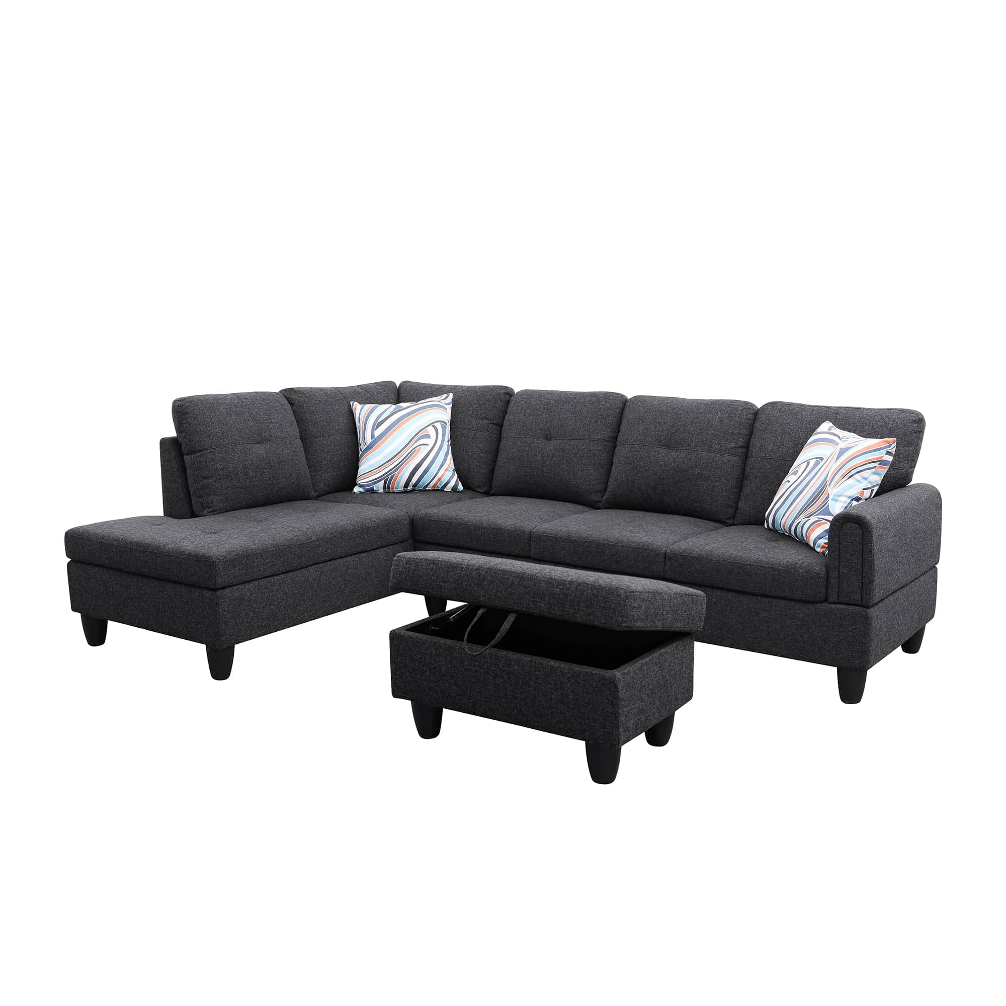 MAYEERTY Black Grey Linen Living Room Sectional Sofa Set
