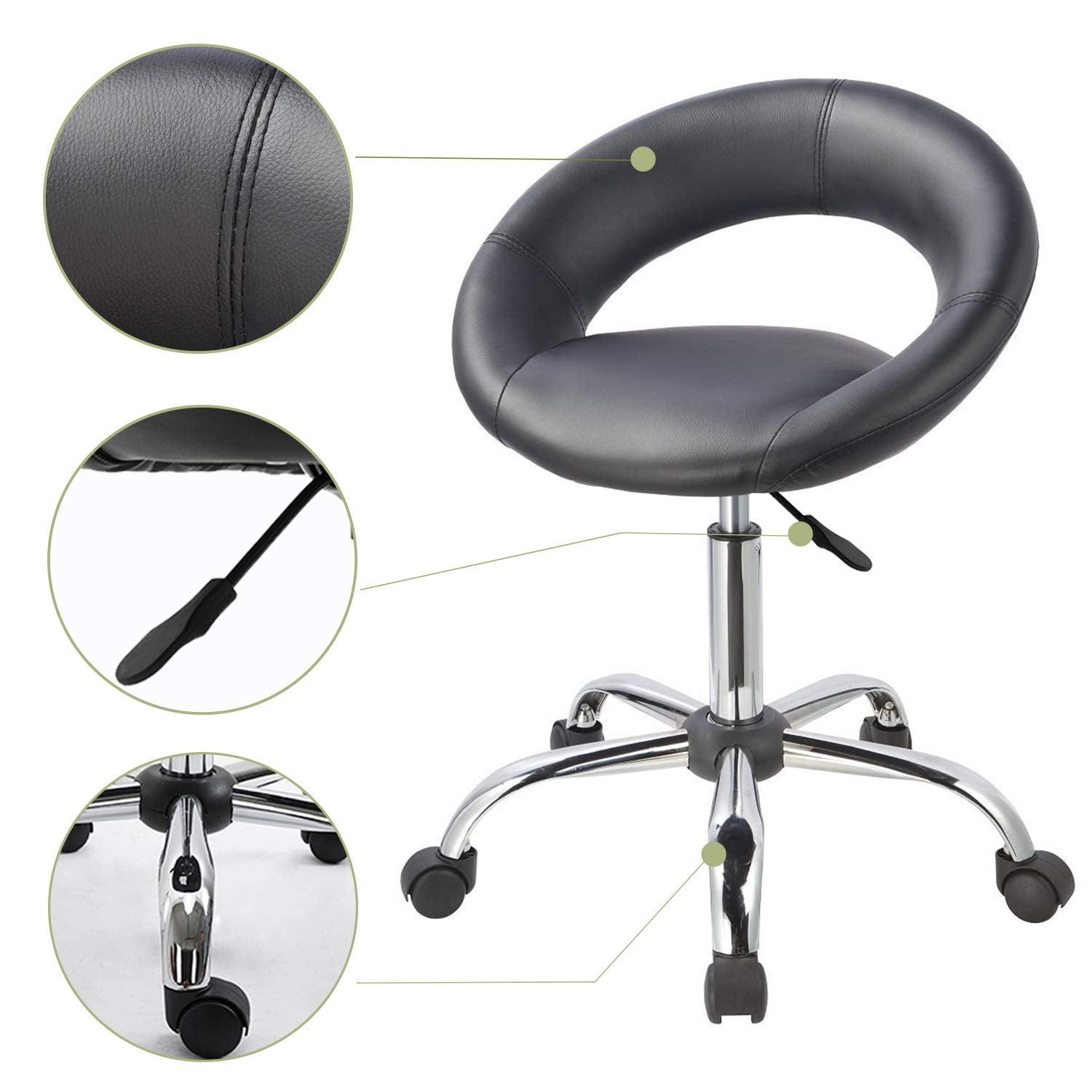 Duhome Work Rolling Stool Faux Leather Chair Adjustable Swivel Chair on Wheels Modern Salon Stool, Black