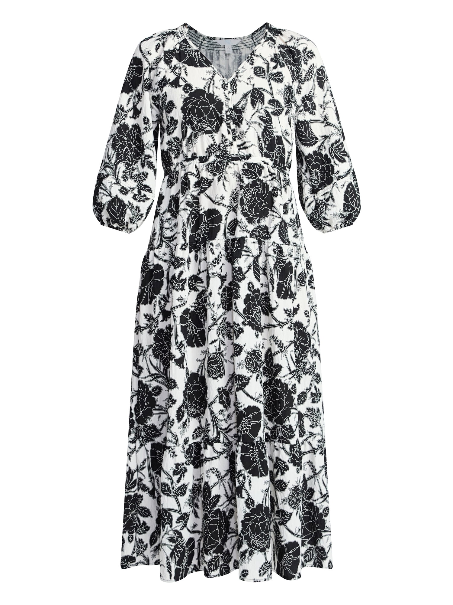 Time and Tru Women's V-Neck Maxi Dress with ¾-Length Sleeves, Sizes XS-XXXL