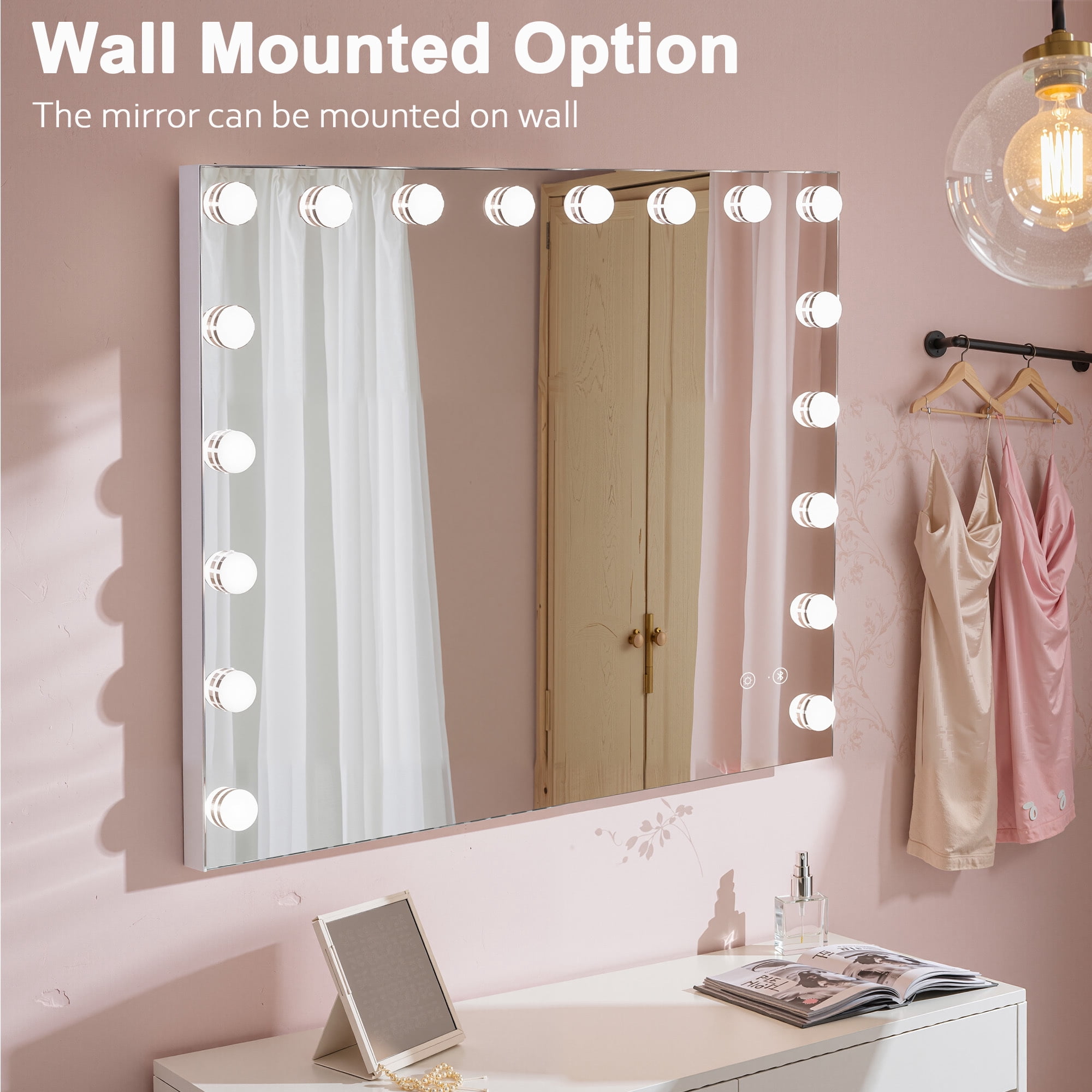 Jopath 31.5"x22.8" Vanity Mirror with Lights,Dimmable 3 Color Modes,Table/Hanging Bluetooth Speaker Mirror with Touch Screen & USB Charge Port for Dressing Table,White