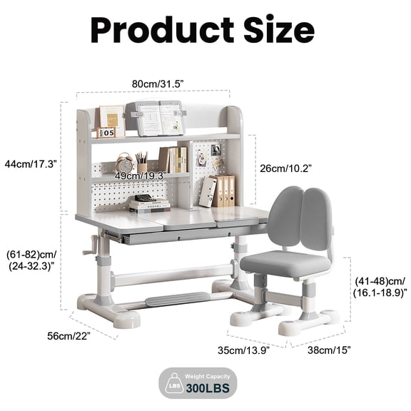Porfeet Study Desk And Chair Set for Kids, Height Adjustable Ergonomic Learning Table with Tiltable Desktop, Large Storage Drawer, Bookshelf, Hand-Cranked Lift, Sturdy Student Workstation,Grey