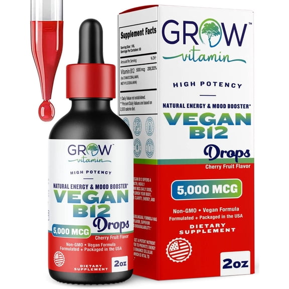 Vegan Vitamin B12 Sublingual Liquid Drops by grow vitamin - Methylcobalamin Maximum Strength 5000 mcg Formula - Boost Energy and Mood, Improve Memory, Aid Immune System - 60 Servings