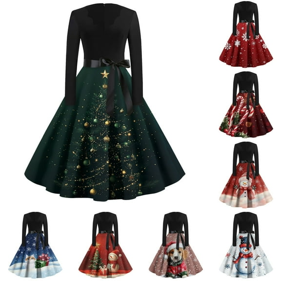 Women's Casual Fashion Print Long Sleeve V Neck Dress with AI Christmas Theme, Retro Party Casual Dress for Fall and Winter, Elegant and Comfortable Seasonal Wear,Camel,L