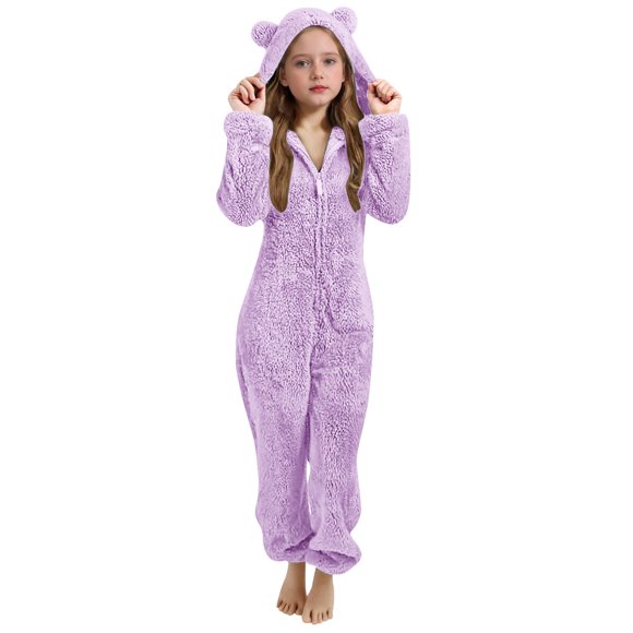 aohooy Girls Pajamas Slouchy Zipper Fleece Sherpa Plain Jumpsuit Long Sleeve Lounge One Piece Romper with Hooded Ears Purple,11 Years