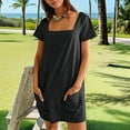 thumbnail image 4 of Womens Solid Color Casual Summer Square Neck Short Sleeve Mini Dresses with Pockets Black XL, 4 of 9