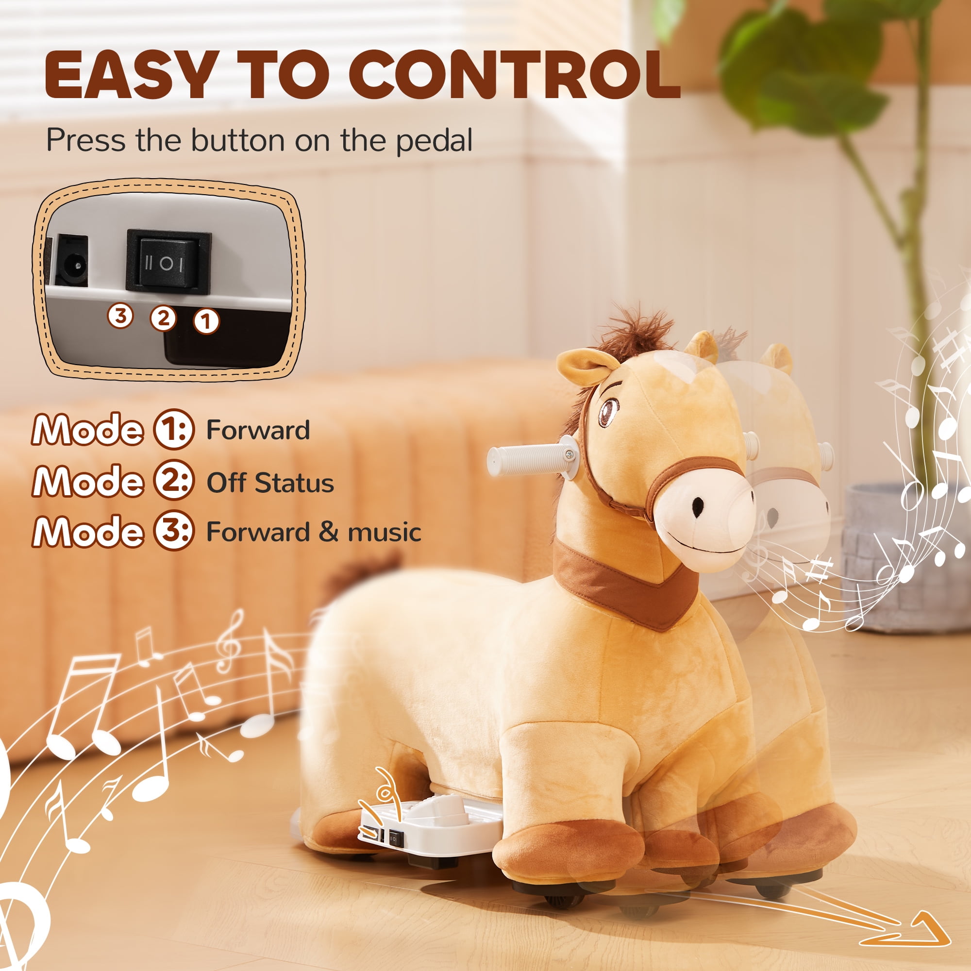 Qaba 6V Ride on Horse, Battery Powered Electric Ride on Pony with Music Forward, PU Wheels, Soft Touch, for Girls Boys Aged 18-36 Months, Brown
