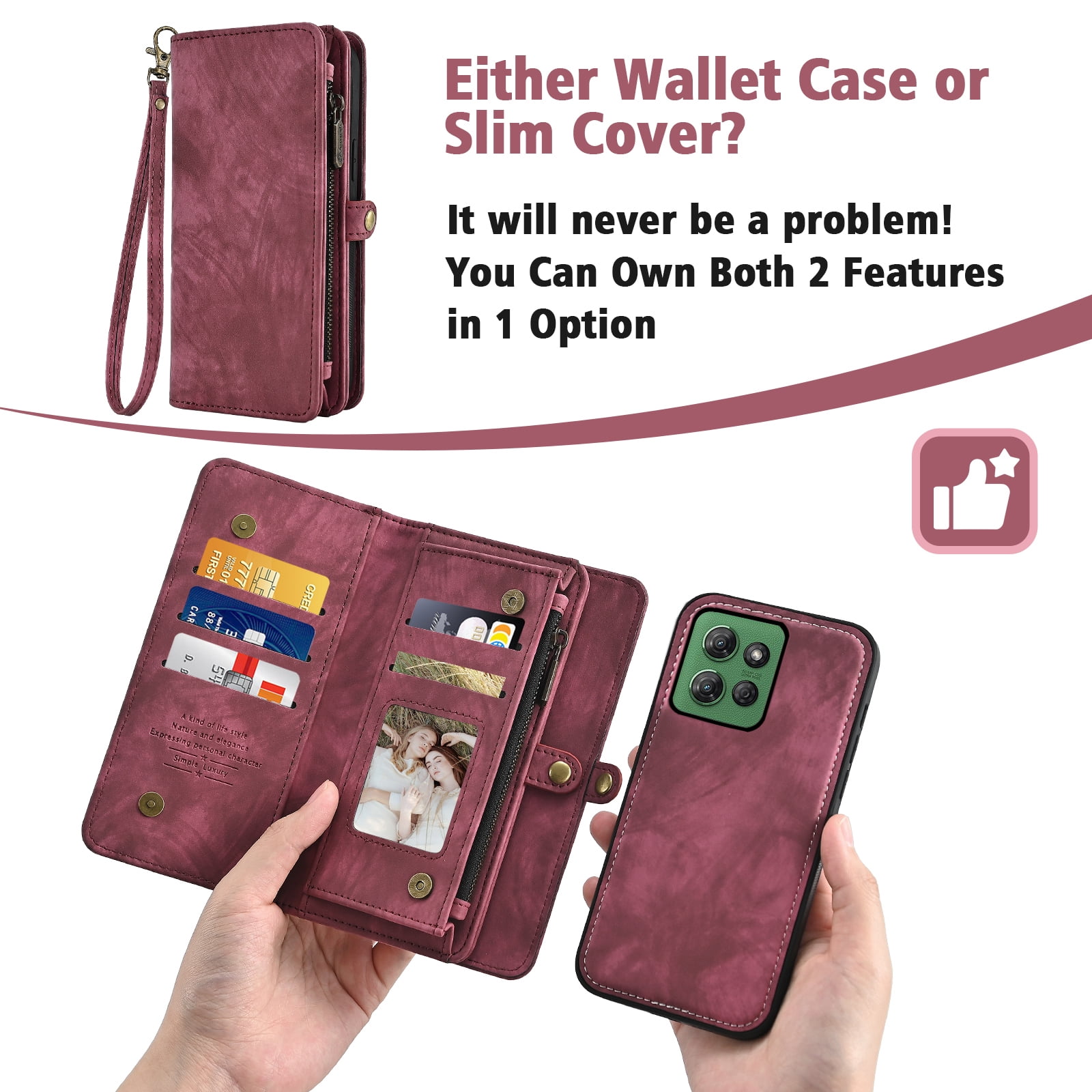Asuwish Phone Case for Motorola Moto G Power 5G 2025 Zipper Wallet Detachable Cell Cover with Tempered Glass Screen Protector Crossbody Lanyard Strap Flip Card Holder Slot XT2515-1 Women Girls Red