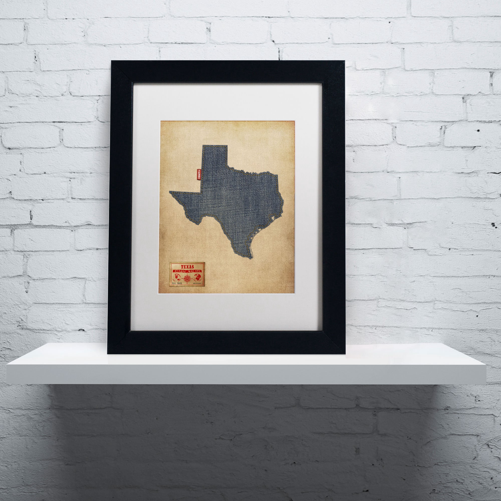 Trademark Fine Art "Texas Map Denim Jeans Style" Canvas Art by Michael Tompsett, White Matte, Wood Frame