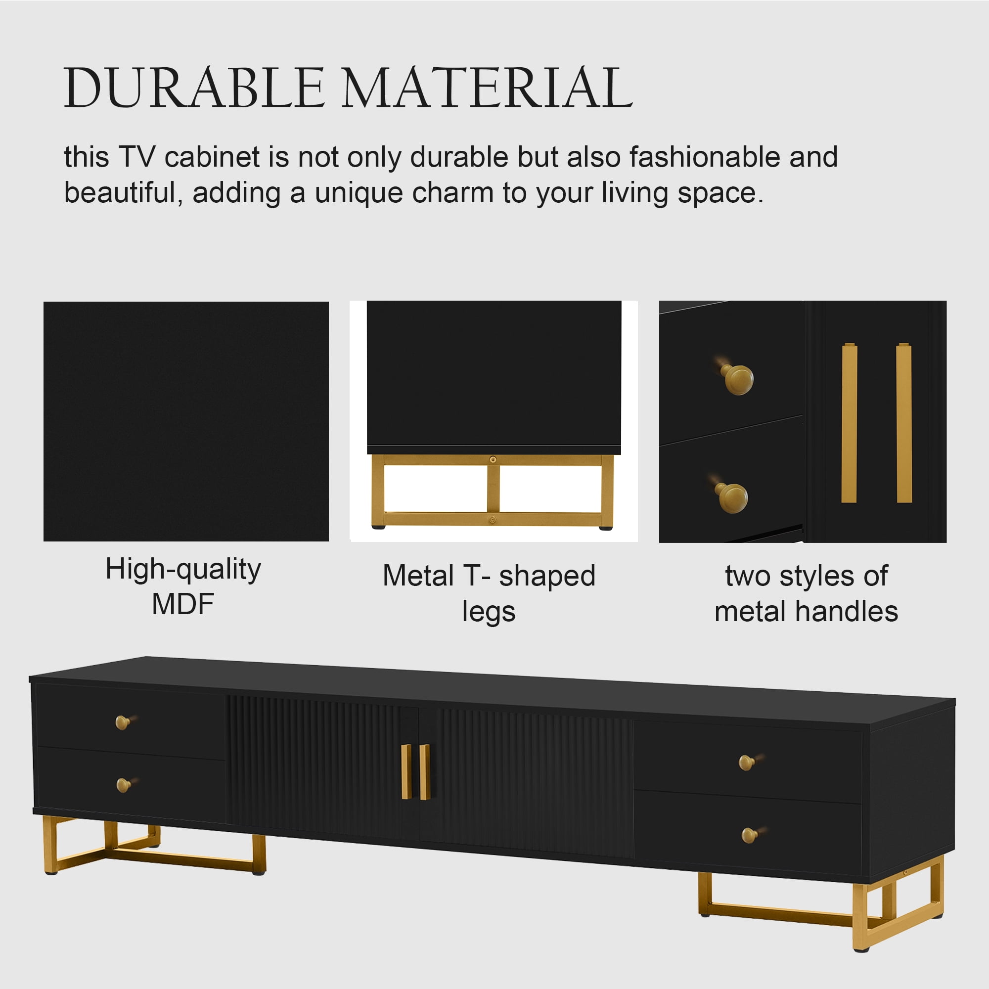 Euroco Modern TV Stand with Wave Groove Cabinet Doors, 4 Drawers, and Metal T-Frame