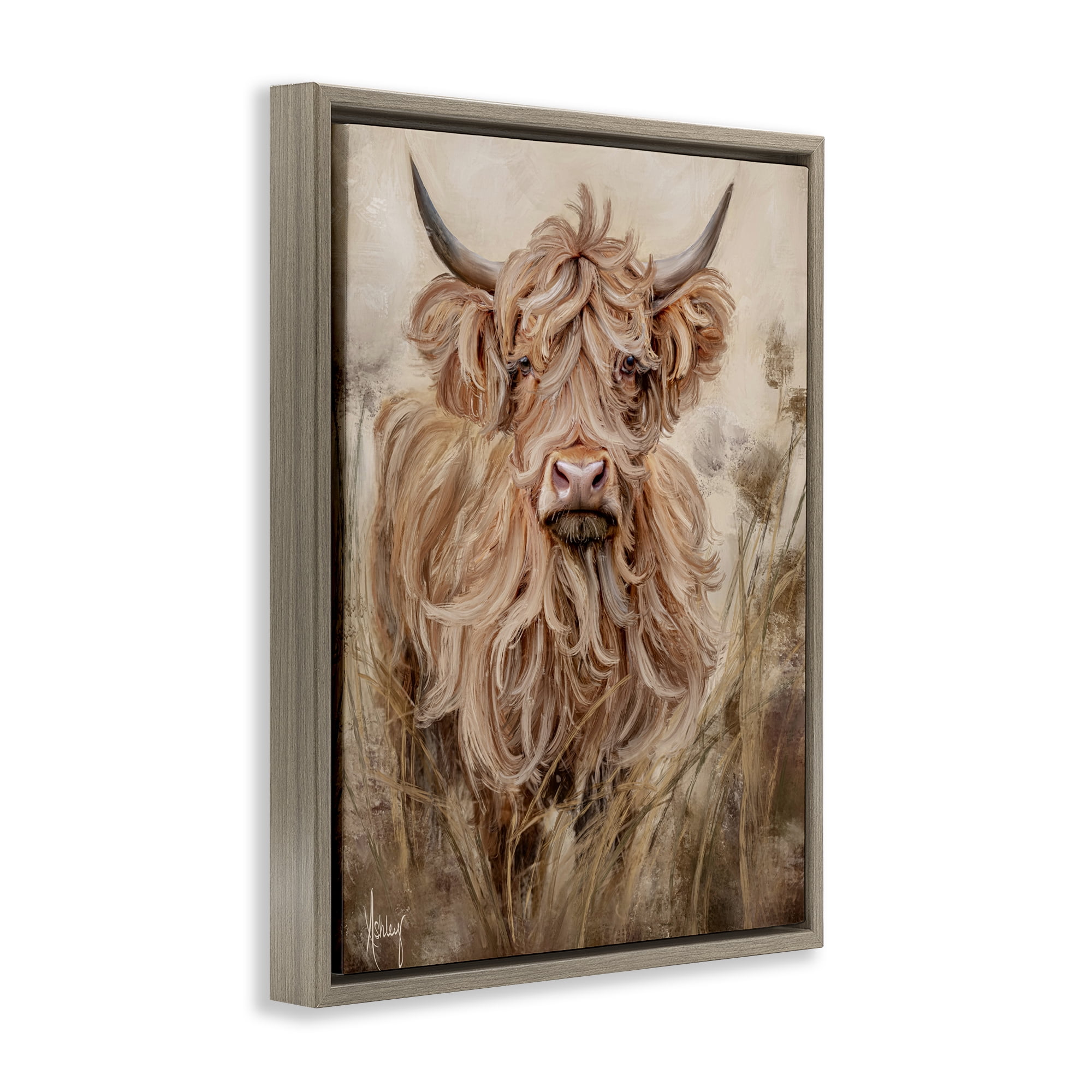 Curly Haired Highland Cattle Brown Framed Floater Canvas Wall Art, design by Ashley Bradley