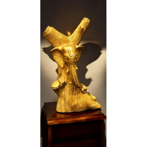 12.5 inches Brass Ganesha in a Tree , Fine Modern Ganesha Statue in Glazing Gold Finish, Siddhivinayak, Modern Ganesh, For Home Decor , Gift
