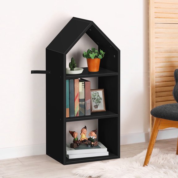 Tier Open Shelf Bookcase, Freestanding Shelves and Cube Organizer for Display - House Shape Black