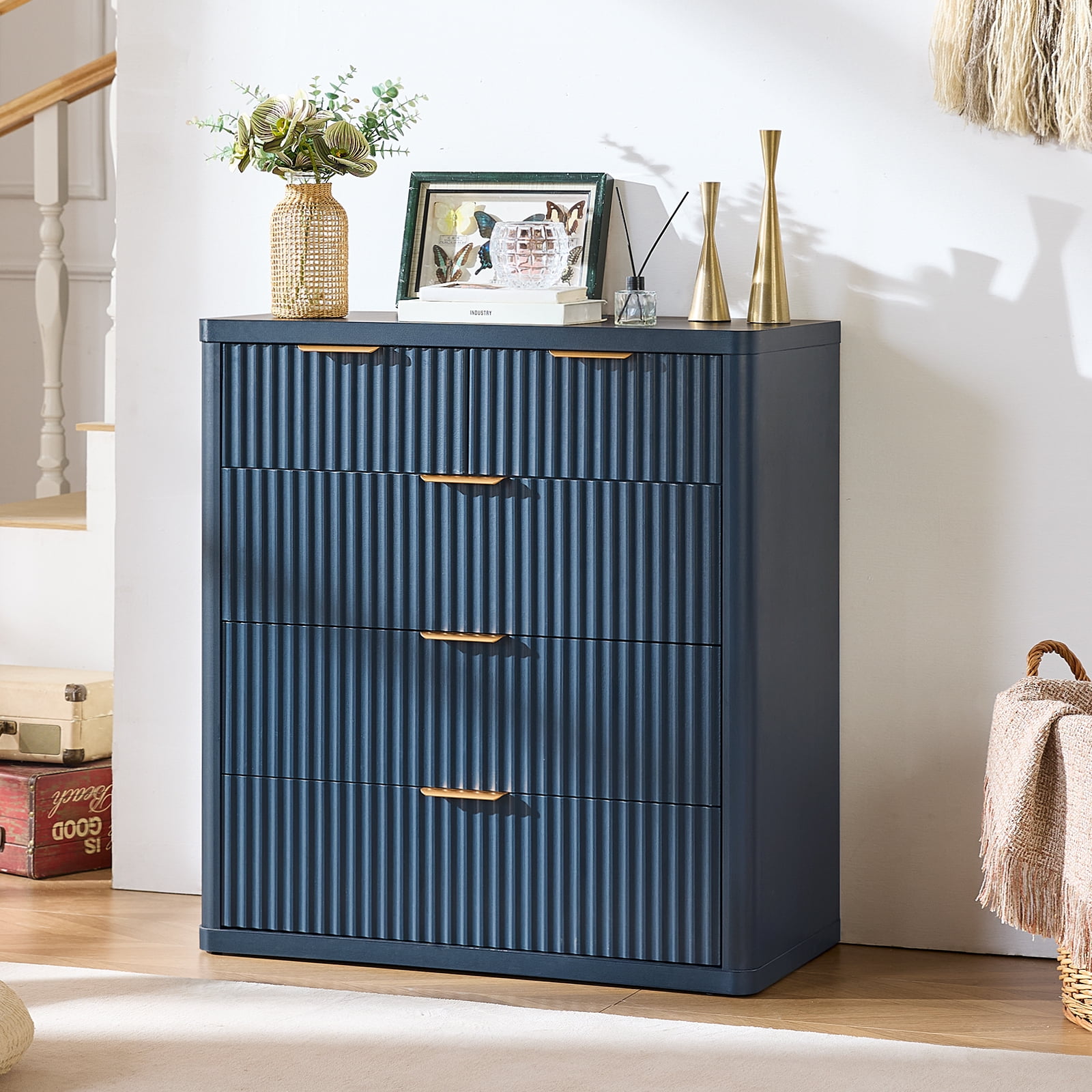 Leyaoyao Fluted Modern Dresser, 5 Drawers Adult Chest of Drawers, Blue, Engineered Wood, 34 inch Tall