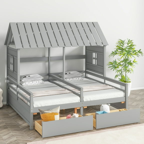 Twin Wood House Double Platform Beds with for Kids, Gray