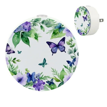 

Plug in Led Night Light with Auto Dusk to Dawn Sensor White Nightlights for Hallway Bedroom Kids Room Kitchen Stairway 2 Pack Art Watercolor Flower Floral Purple Butterfly