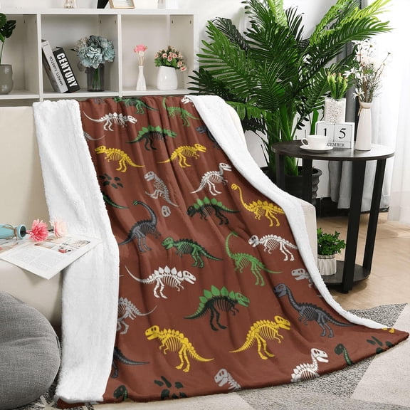 Brown Cartoon Dinosaurs Fossils Pattern Blanket,Comfortable Soft Lamb Wool Throw Blanket,All Season,Warm Lightweight Blankets for Sofa Bed Couch Living Room Chair,50"x60"