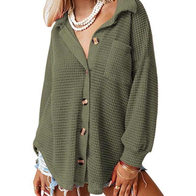 Blusa elegante de manga larga para mujer, chaqueta, tops casuales, camisa de manga larga con tapeta de botones tipo gofre, camisas lisas, cuello alto, blusa holgada S-2XL