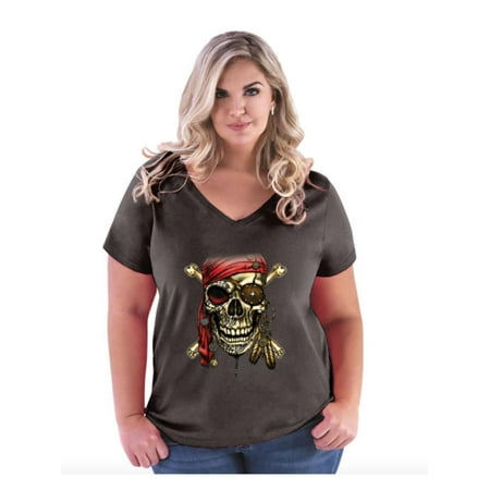 Pirate Skull Costume Women's Curvy Plus Size V-Neck Tee