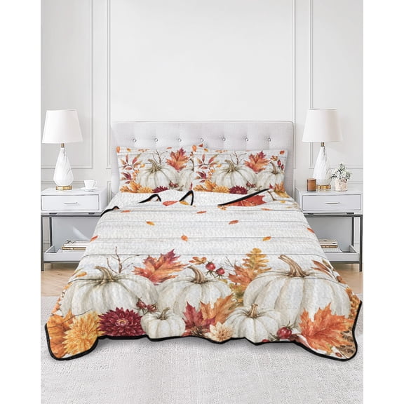Quilts Twin Size, White Pumpkins Fall Soft Comforter Bedding Set for Bed, Thanksgiving Botanical Leaves Wooden Lightweight Quilted Bedspread with Pillow Cover(2 Pieces) for All Season, 68x86 Inch