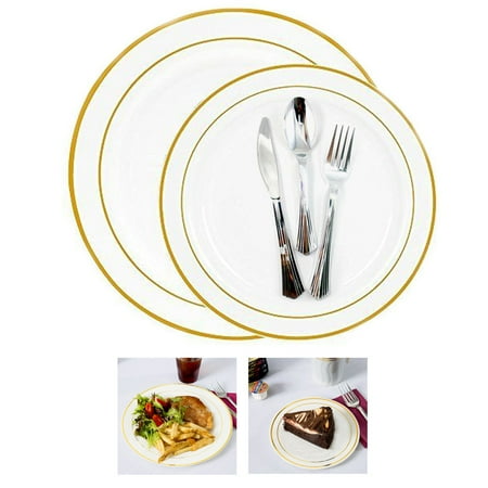 Rim Pasta Plate - Gold Rim Bulk Dinner Wedding Disposable Plastic Plates Silverware Party