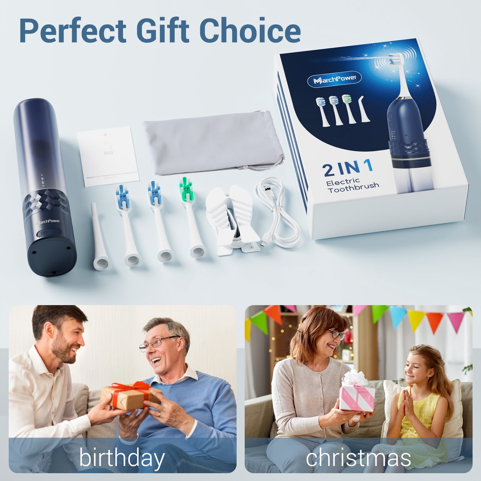 Marchpower Electric Toothbrush with Water Flosser, Upgraded 2 in 1 Cordless Toothbrush & Flosser Combo with 6 Modes & Memory Function, Portable Dental Cleaning Tool for Home & Travel