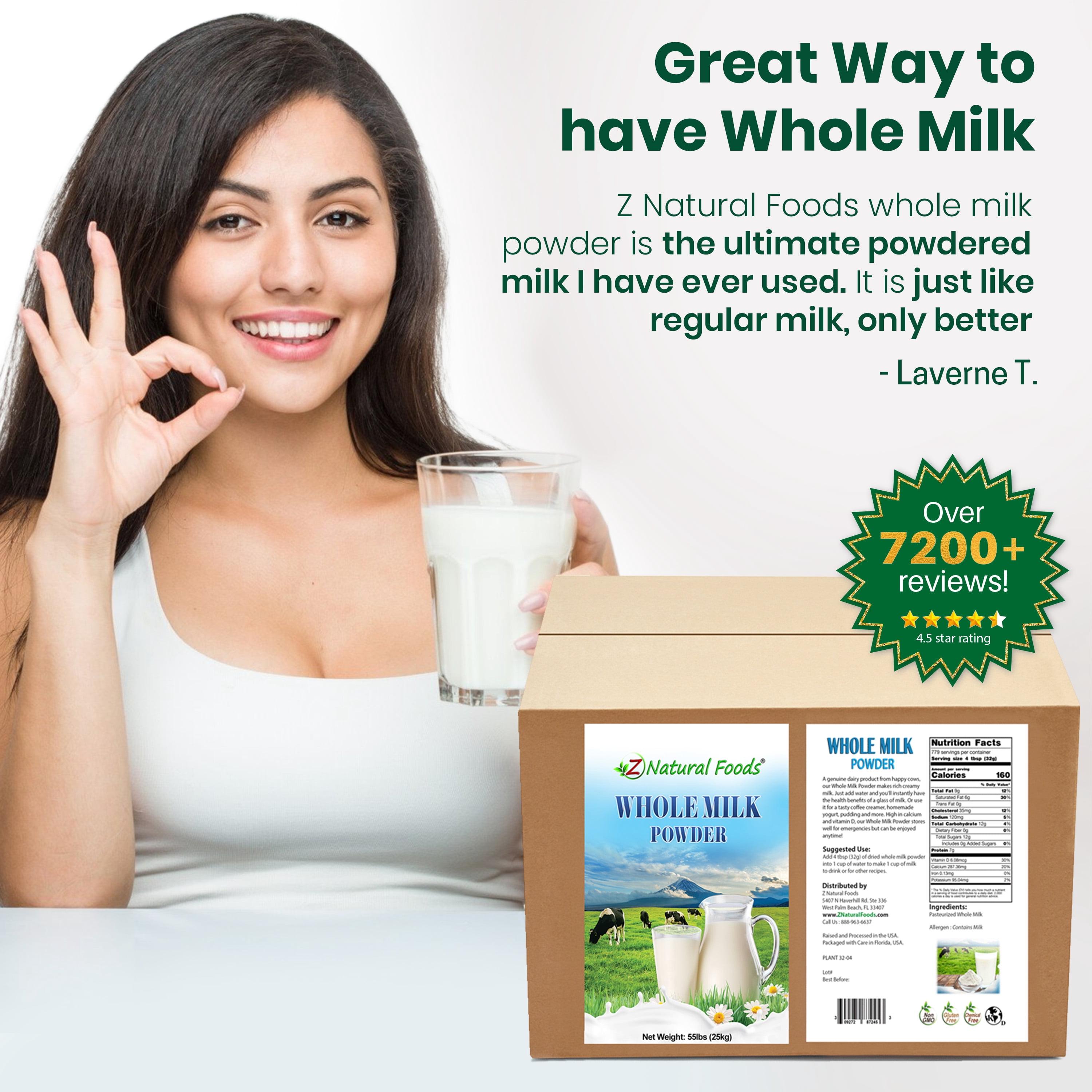 Z Natural Foods Premium Whole Milk Powder - Powdered Milk for Baking, Cooking, Drinks - Dry Milk Powder, Pasteurized, Non-GMO, Gluten-Free, Kosher-Certified, 55 lbs