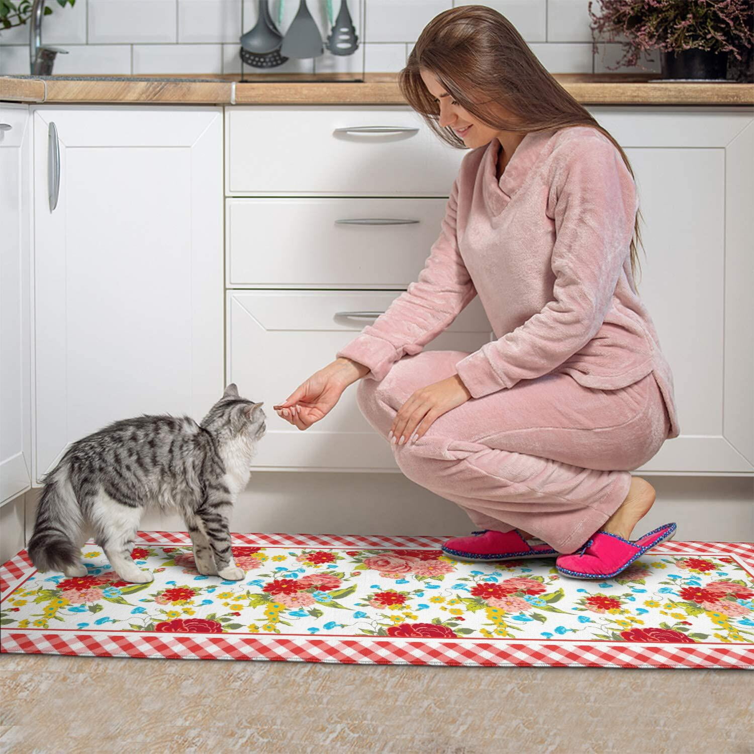 Flower Design Bath Mat Soft Rug Rubber Non Slip Quick Dry Pioneer Flower Woman Super Absorbent Thin Bathroom Rugs Shower Bathtub Shower Room Sink 20x32 Inch