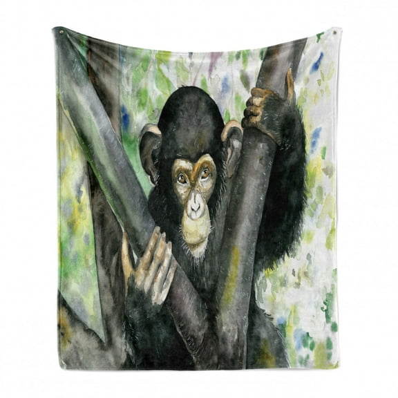Gorilla Soft Flannel Fleece Throw Blanket, Watercolor Style Artwork of Chimpanzee on a Tree Wildlife Theme, Cozy Plush for Indoor and Outdoor Use, 60" x 80", Charcoal Grey Multicolor, by Ambesonne