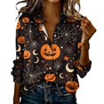 thumbnail image 2 of Women's Pumpkin Print Blouse Long Sleeve Button Up Shirt with Collared Neckline Casual Novelty Graphic Top for Holiday Party Spiderweb Crescent Moon Fall Festive Apparel, 2 of 5