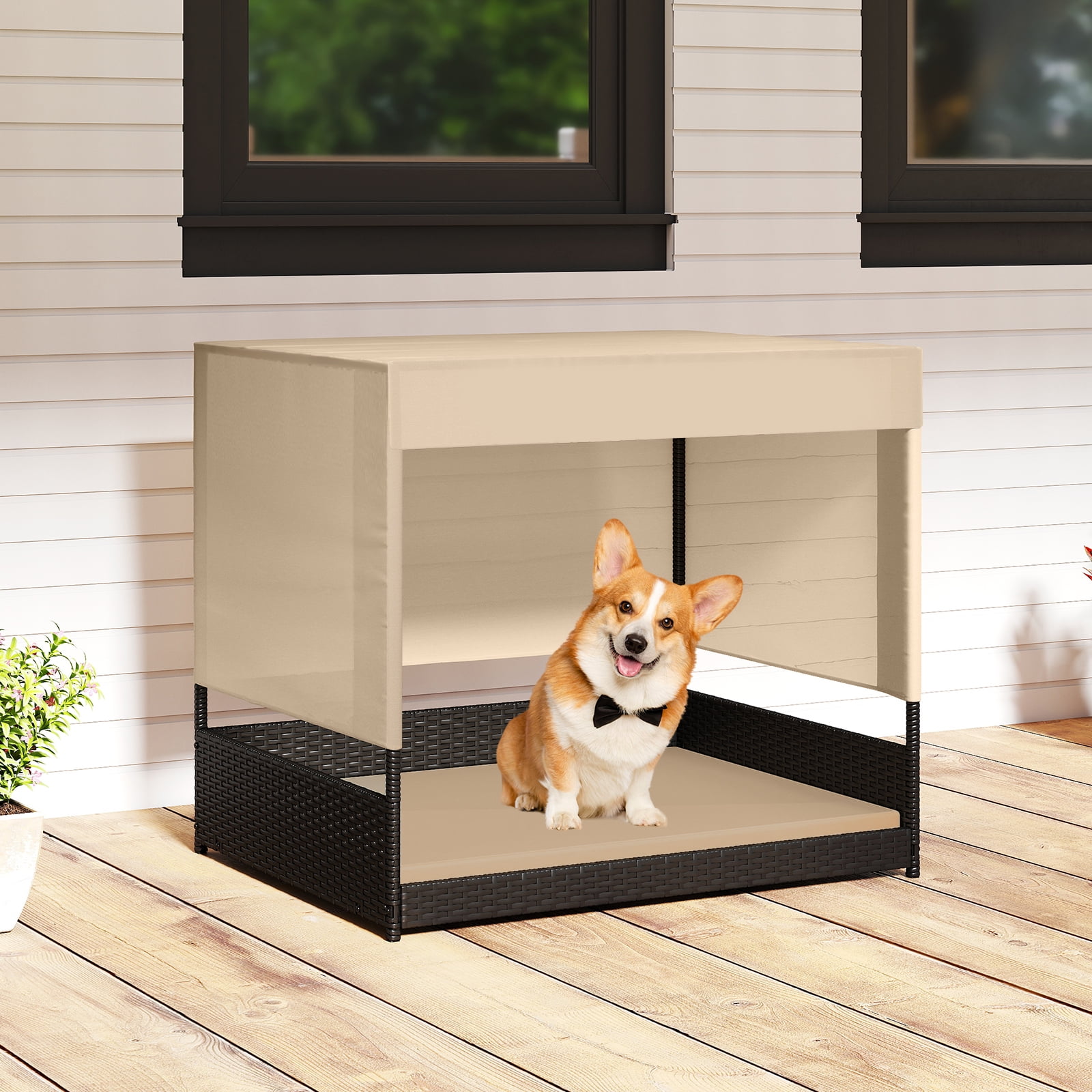 Gymax Outdoor Dog Shelter w/Cushioned Bed & Removable Sunproof Canopy Raised Legs