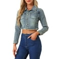 thumbnail image 4 of CHAQUETA DE DENIM CORTA LAVADA GRIS AZUL PARA MUJERES CON CUELLO CAÍDO Y BOTONES DESGASTADOS, INSPIRADA EN CHIC, PRIMAVERA VERANO TALLA L, 4 of 6