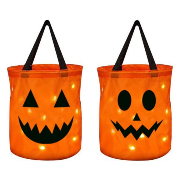2 PCS Halloween Trick or Treat Bags LED Light Orange Pumpkin Buckets Reusable Goody Candy Bucket Trick or Treating Halloween Birthday Party Favor Supplies