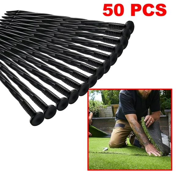 50 Pack Landscape Spikes - Black 8 Inch Spiral Plastic Garden Anchoring Spikes for Paver Edging, Weed Barrier, and Artificial Turf