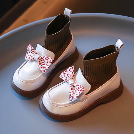 

Girls High Sock Shoes Boots Soft-soled Leather Loafers With Bow Decor For Winter