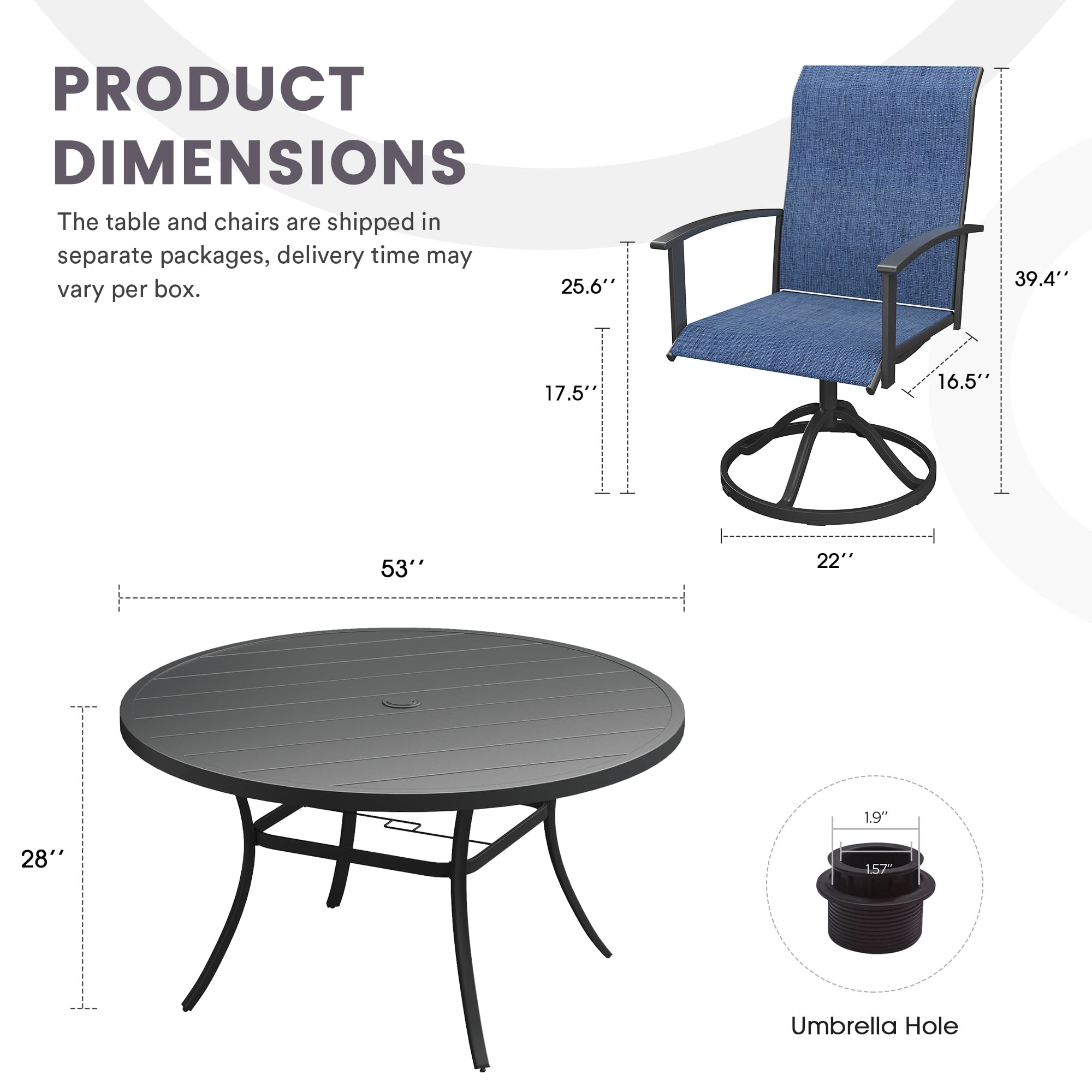 DIFY 7PCS Patio Dining Furniture Set, 53" Round Slatted Table and 6 Swivel Textilene Chairs