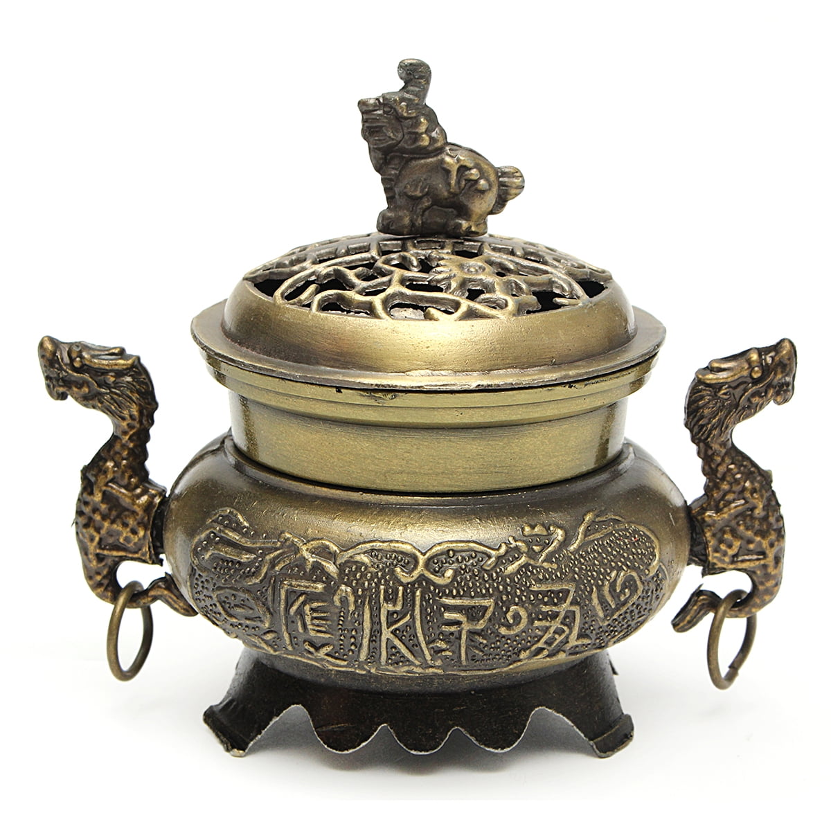 Chinese White copper hand-made double Dragon incense burner 