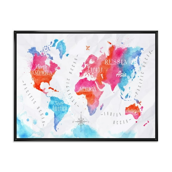 Designart 'World Map In Blue and Pink' Modern Framed Canvas Wall Art Print