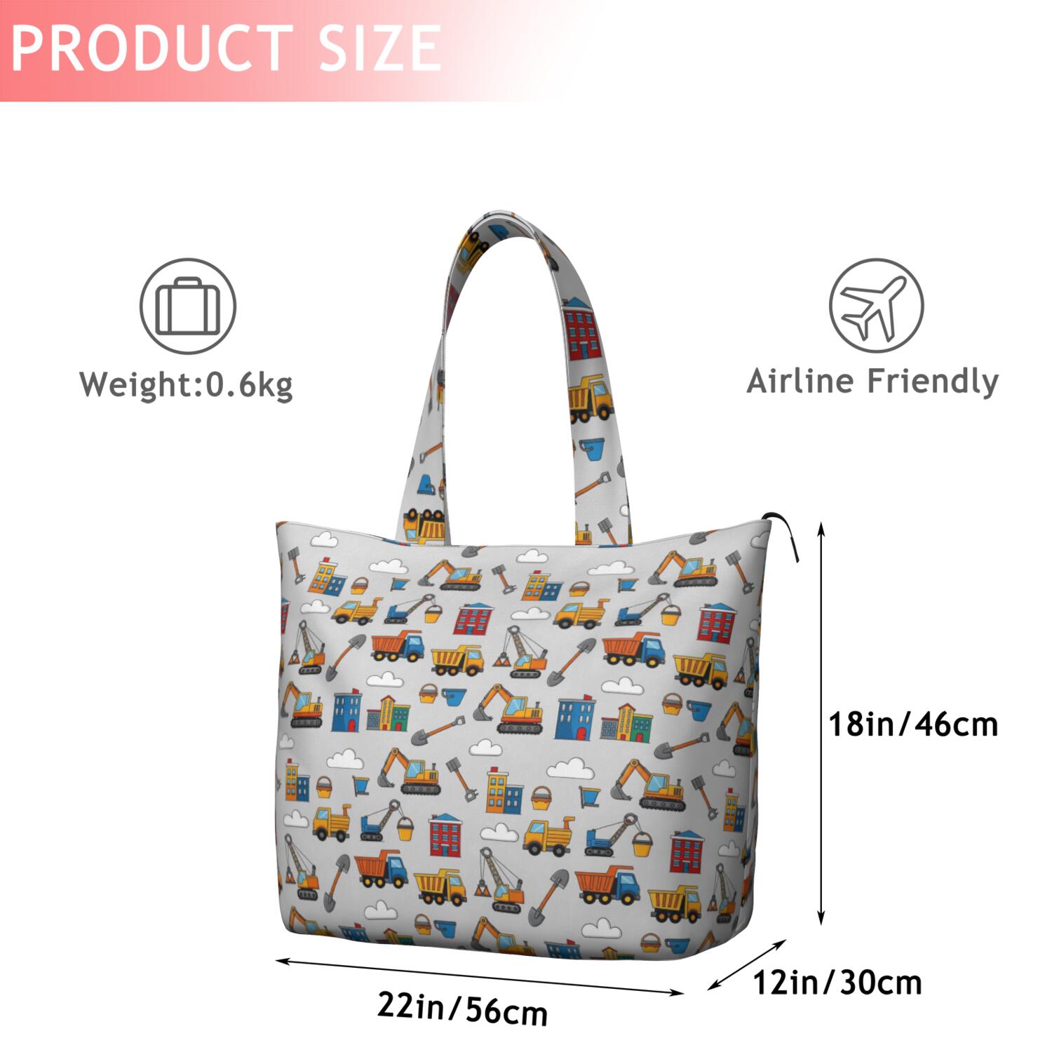 Cartoon Construction Vehicles Buildings Travel Tote Bags for Women Carry On,Large Weekender Bags for Women Travel,Multi Functional Duffle Bag for Work,Shopping,Sports