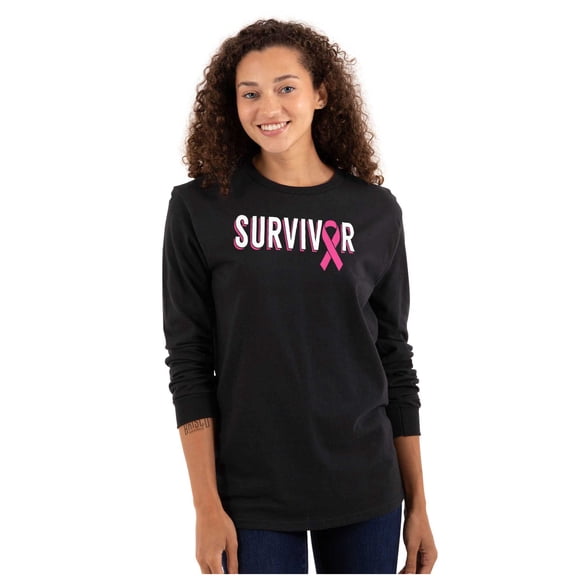 Breast Cancer Survivor Pink Ribbon Women Plus Size Long Sleeve Graphic Tee Brisco Brands 2X