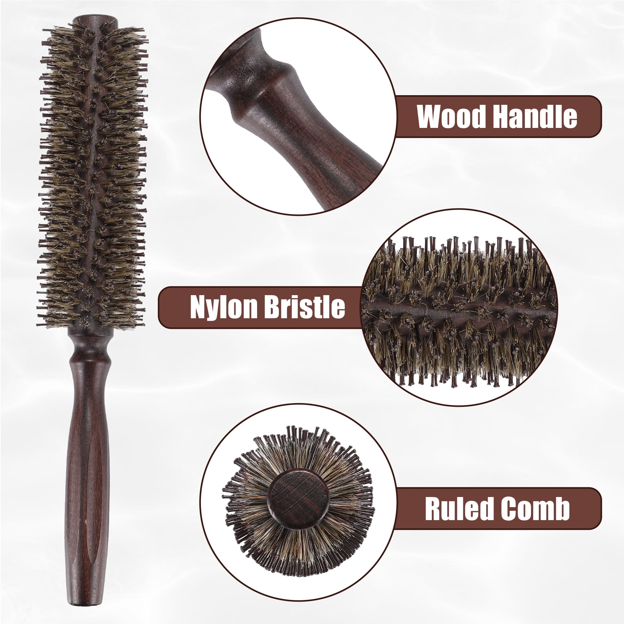 Unique Bargains Nylon Bristle Round Curling Hair Twill Comb with Wood Handle Brown L