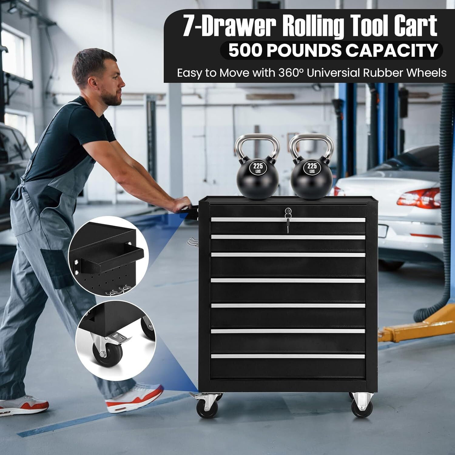 Garvee Tool Chest with 7 Drawer, 24" Tool Storage Cabinet with Wheels & Locking System, Heavy Duty Toolbox for Garage, Warehouse, Workshop, Black