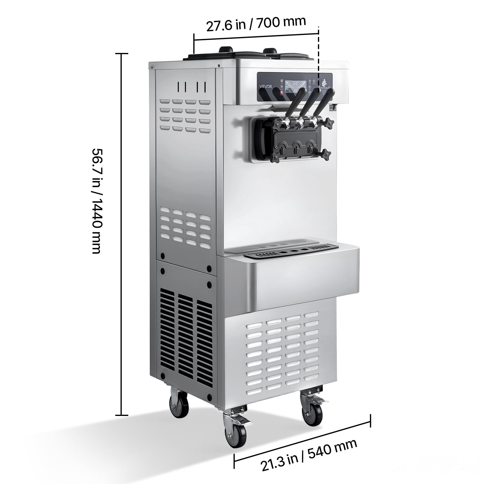 VEVOR Commercial Ice Cream Machine, 20-28L/H Yield, 2200W 3-Flavor Freestanding Soft Serve Ice Cream Maker with 2 x 6L Hoppers & Built-In Puffing Pump,Pre-Cooling Low-Mix Alert for Snack Dessert Shop