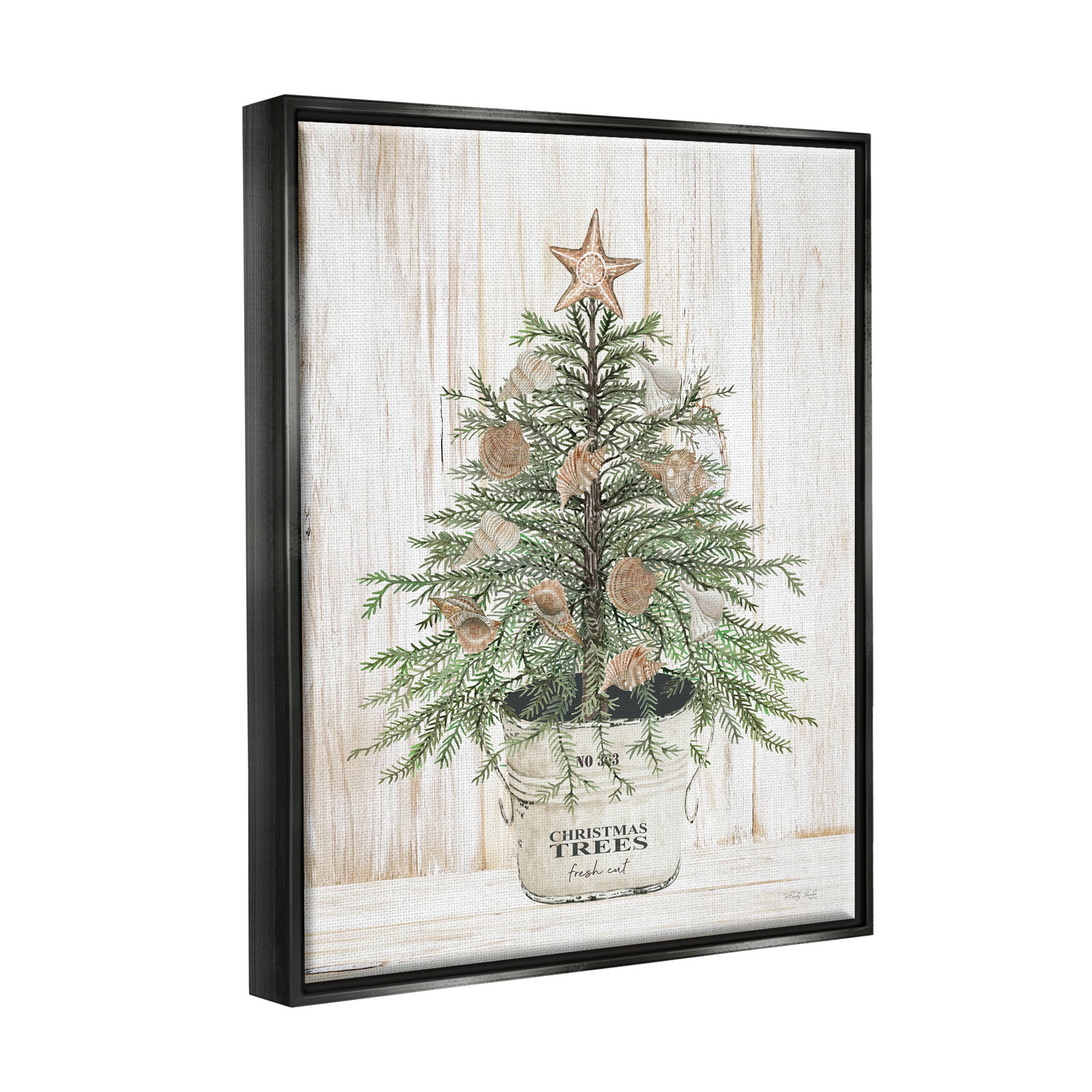 Rustic Seashell Christmas Tree Holiday Graphic Art Jet Black Framed Art Print Wall Art