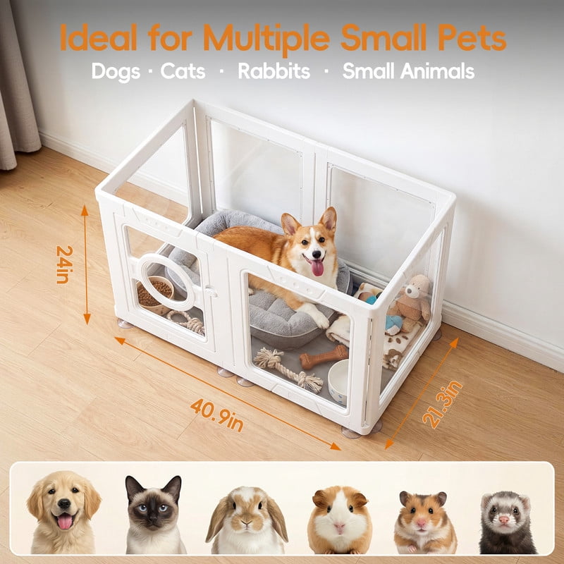 JEKO&JEKO Clear Acrylic Pet Playpen, Indoor Dog Pen for Small Pets, Easy Assembly, 6 Panels, White